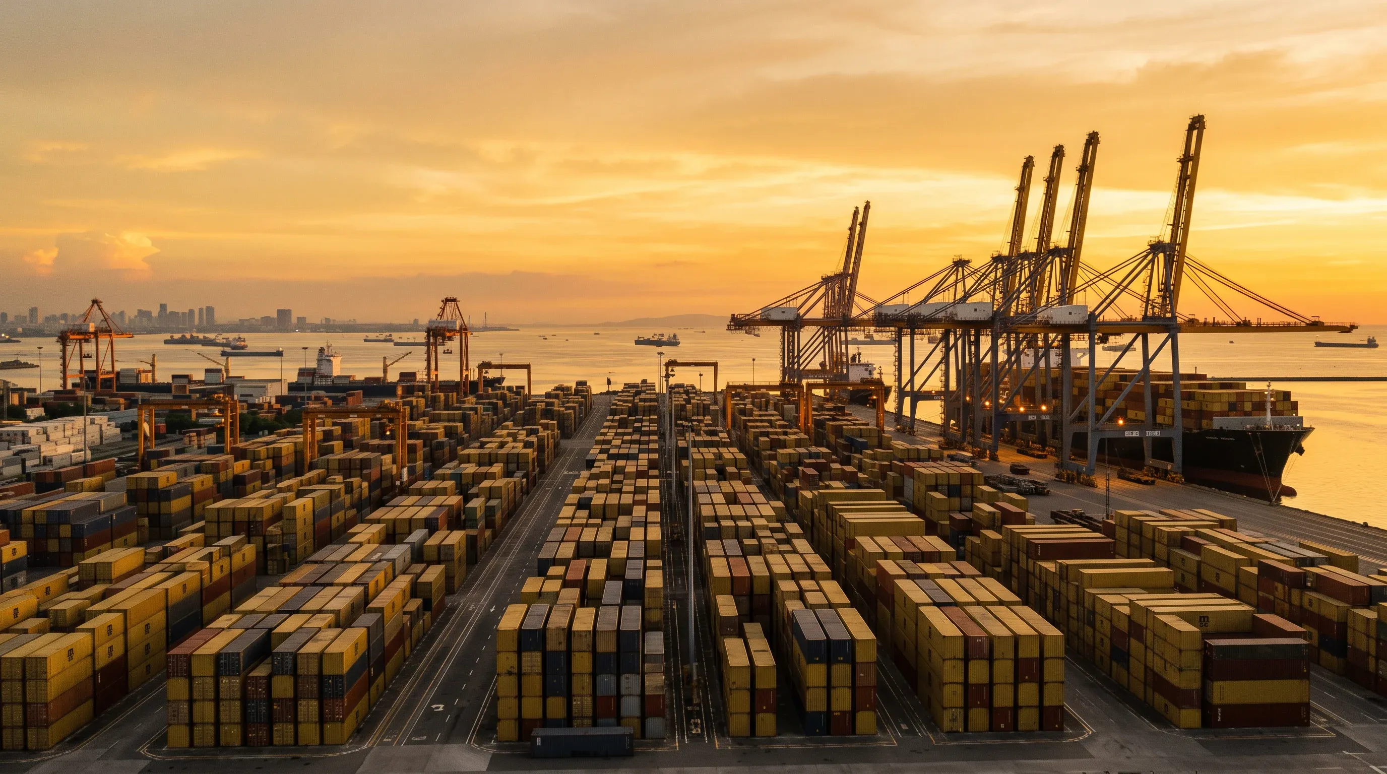 Stacked yellow and grey shipping containers and gantry cranes under a warm evening sky at a container port