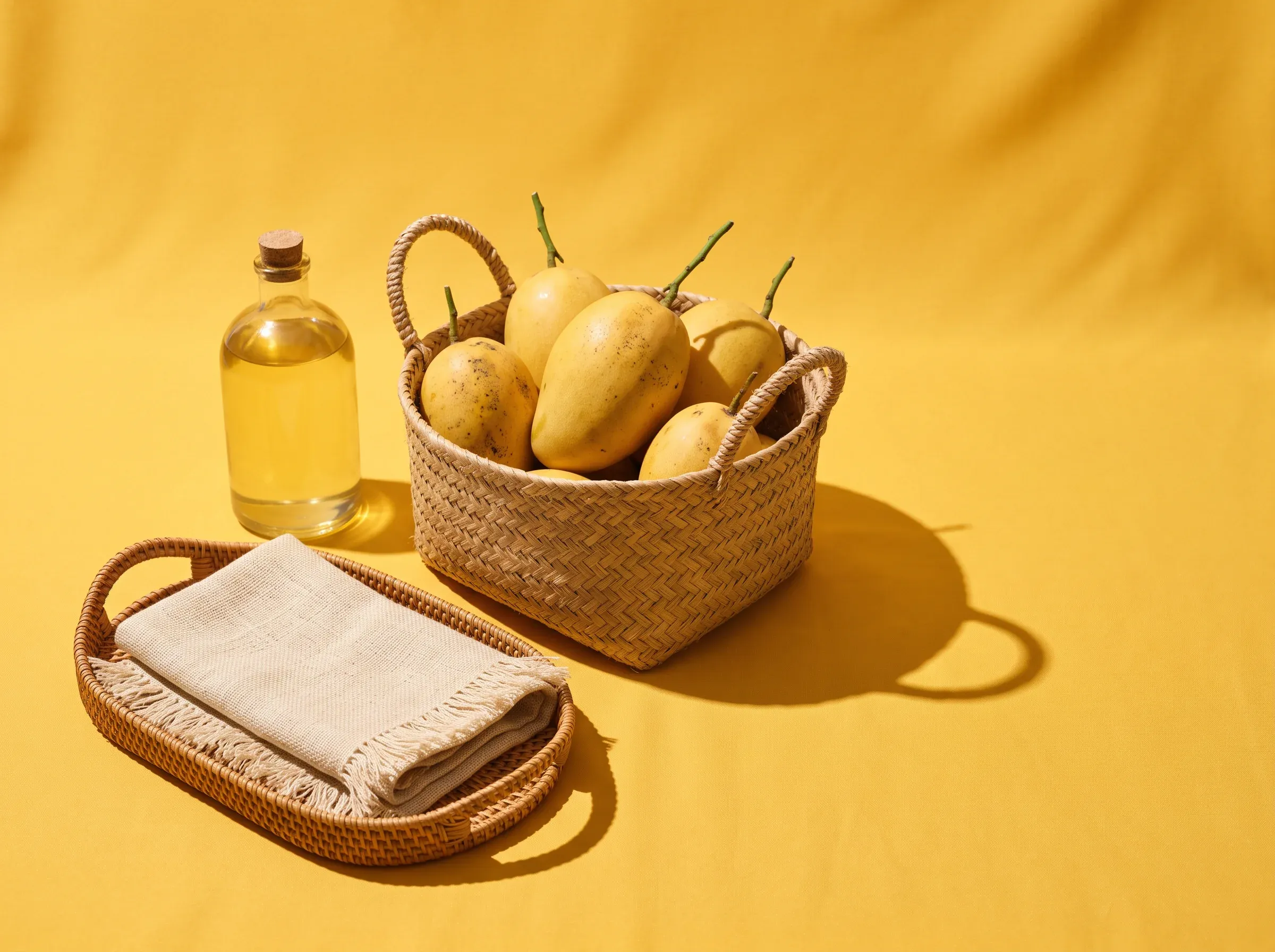 A woven abaca basket, golden mangoes, coconut oil and rattan on a yellow background