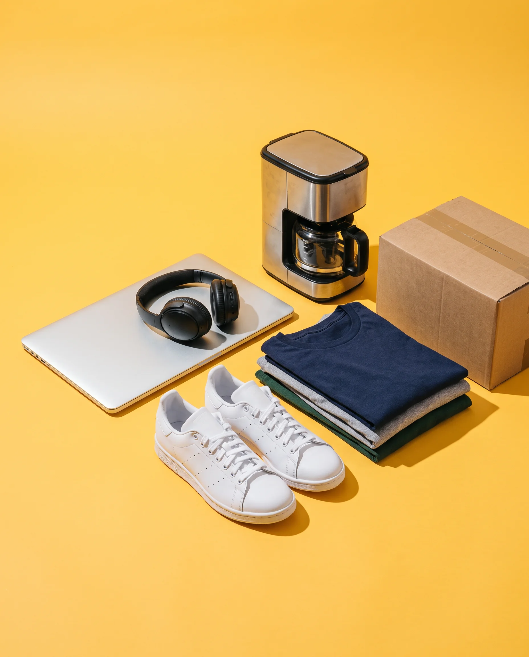 A laptop, headphones, sneakers, folded t-shirts, a small appliance and a taped cardboard box arranged on a yellow surface
