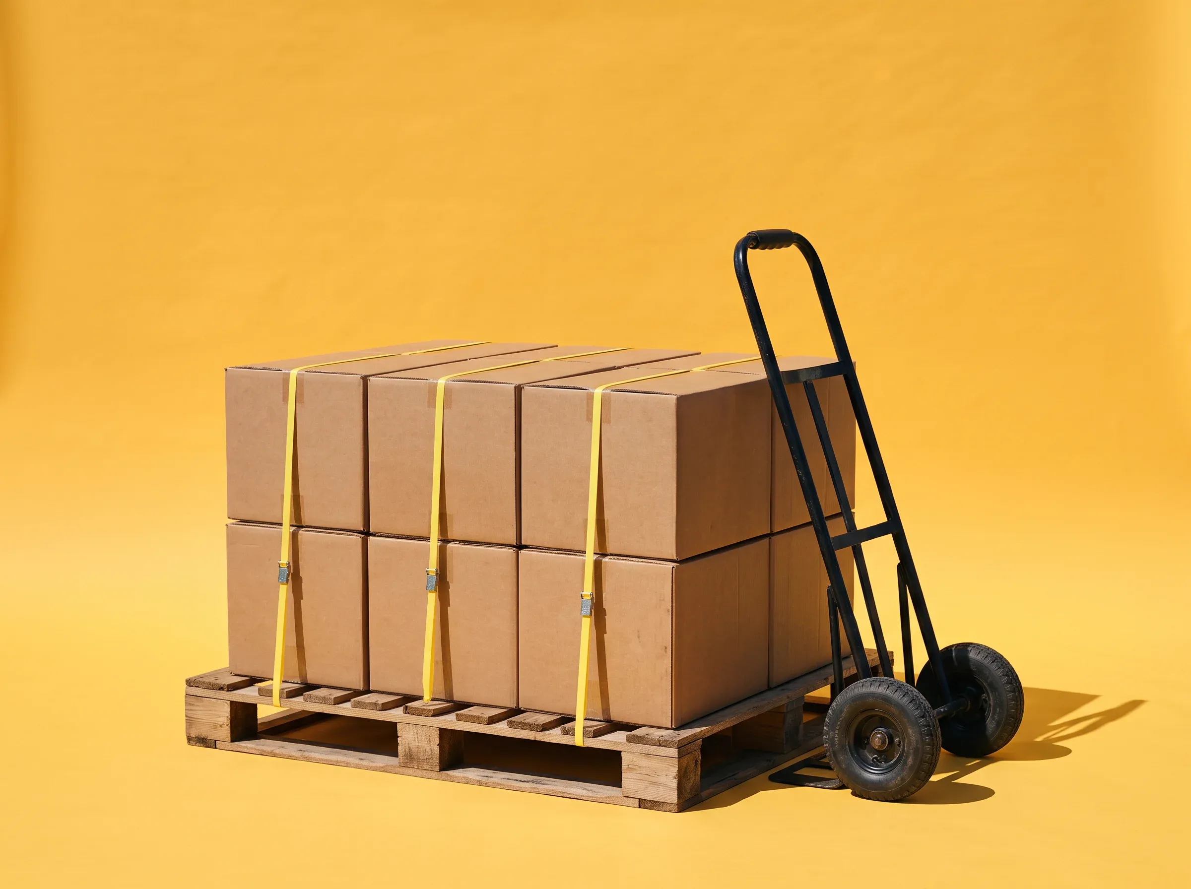 Cardboard boxes stacked on a pallet with yellow strapping and a hand truck on a yellow background