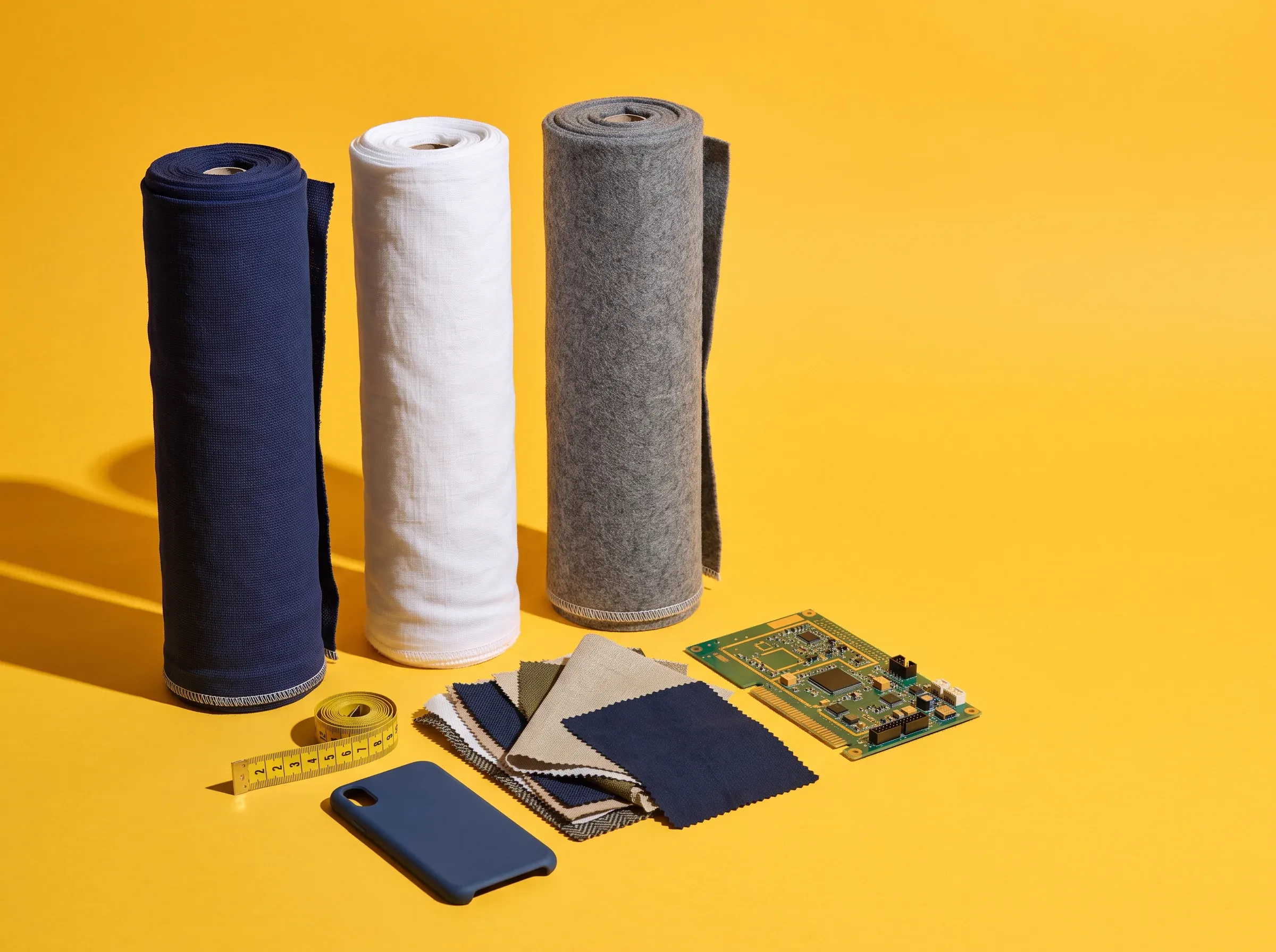 Fabric rolls, swatches, a tape measure and electronics samples on a yellow background